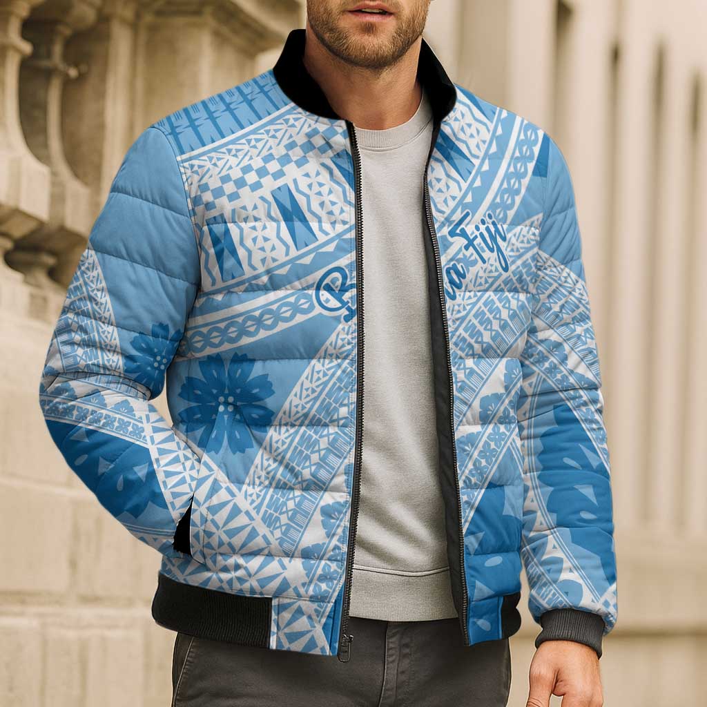 Bula Fiji Classic Masi Tapa Bomber Puffer Jacket Turquoise - Polynesian Pride