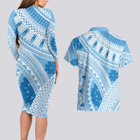 Bula Fiji Classic Masi Tapa Couples Matching Long Sleeve Bodycon Dress and Hawaiian Shirt Turquoise - Polynesian Pride