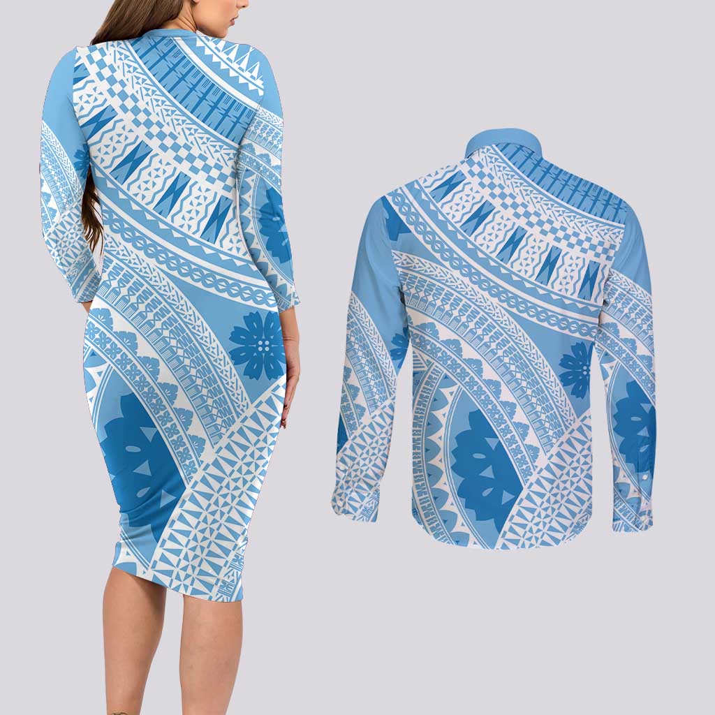 Bula Fiji Classic Masi Tapa Couples Matching Long Sleeve Bodycon Dress and Long Sleeve Button Shirt Turquoise - Polynesian Pride