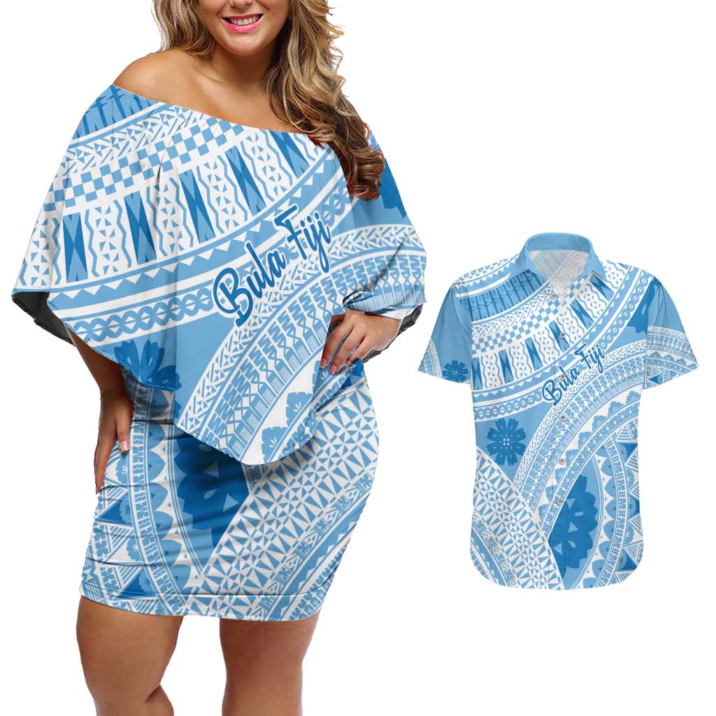 Bula Fiji Classic Masi Tapa Couples Matching Off Shoulder Short Dress and Hawaiian Shirt Turquoise - Polynesian Pride