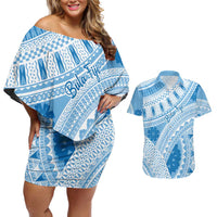 Bula Fiji Classic Masi Tapa Couples Matching Off Shoulder Short Dress and Hawaiian Shirt Turquoise - Polynesian Pride