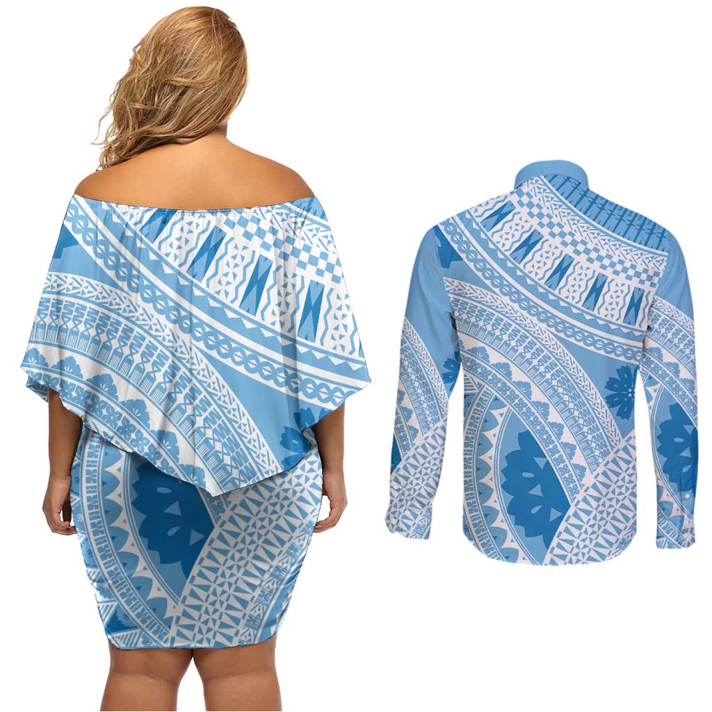 Bula Fiji Classic Masi Tapa Couples Matching Off Shoulder Short Dress and Long Sleeve Button Shirt Turquoise - Polynesian Pride