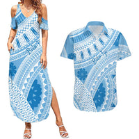 Bula Fiji Classic Masi Tapa Couples Matching Summer Maxi Dress and Hawaiian Shirt Turquoise - Polynesian Pride