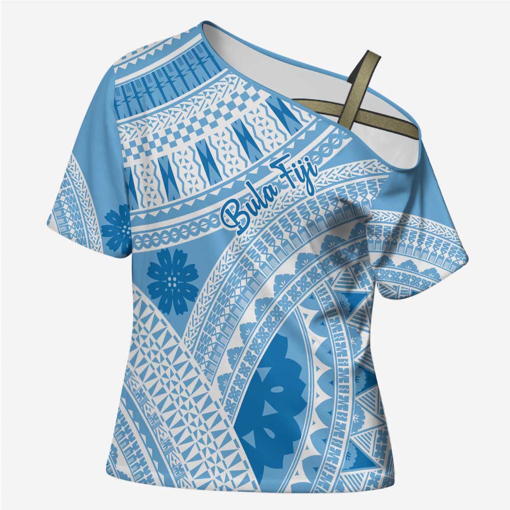 Bula Fiji Classic Masi Tapa Cross Shoulder Shirt Turquoise - Polynesian Pride