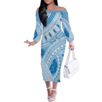 Bula Fiji Classic Masi Tapa Family Matching Off The Shoulder Long Sleeve Dress and Hawaiian Shirt Turquoise - Polynesian Pride