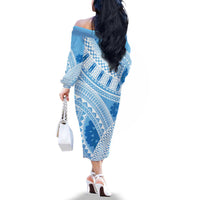 Bula Fiji Classic Masi Tapa Family Matching Off The Shoulder Long Sleeve Dress and Hawaiian Shirt Turquoise - Polynesian Pride