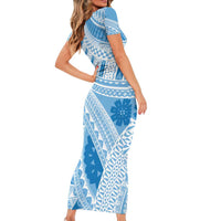 Bula Fiji Classic Masi Tapa Family Matching Short Sleeve Bodycon Dress and Hawaiian Shirt Turquoise - Polynesian Pride