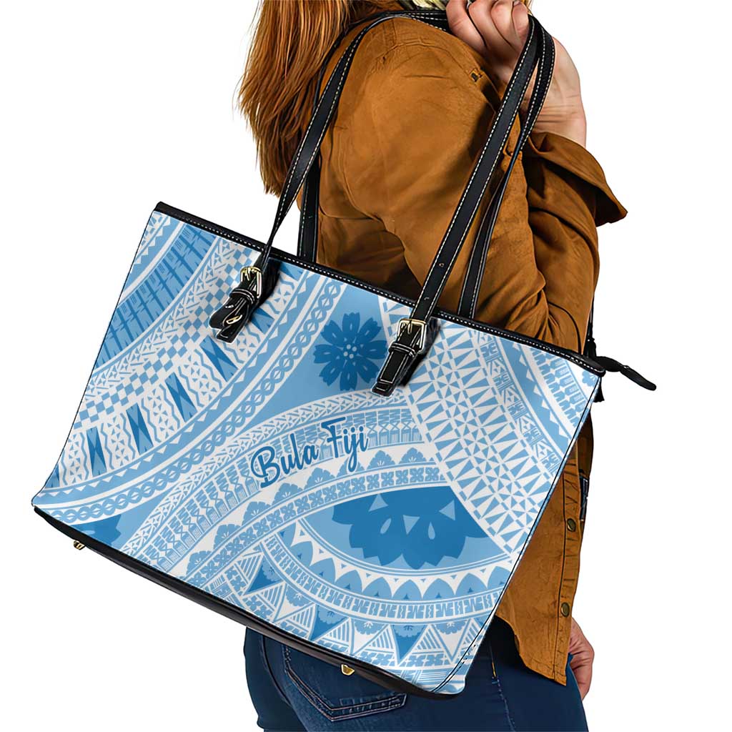 Bula Fiji Classic Masi Tapa Leather Tote Bag Turquoise - Polynesian Pride