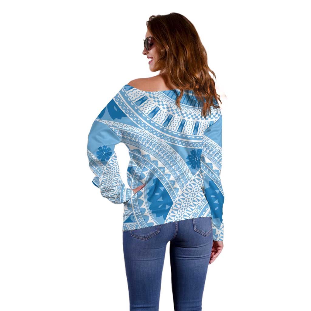Bula Fiji Classic Masi Tapa Off Shoulder Sweater Turquoise - Polynesian Pride