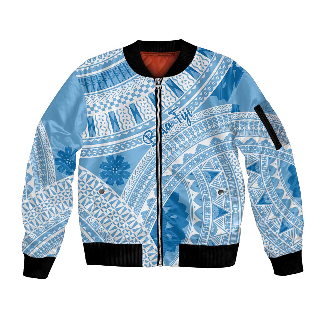 Bula Fiji Classic Masi Tapa Sleeve Zip Bomber Jacket Turquoise - Polynesian Pride