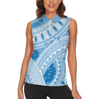 Bula Fiji Classic Masi Tapa Women Sleeveless Polo Shirt Turquoise - Polynesian Pride