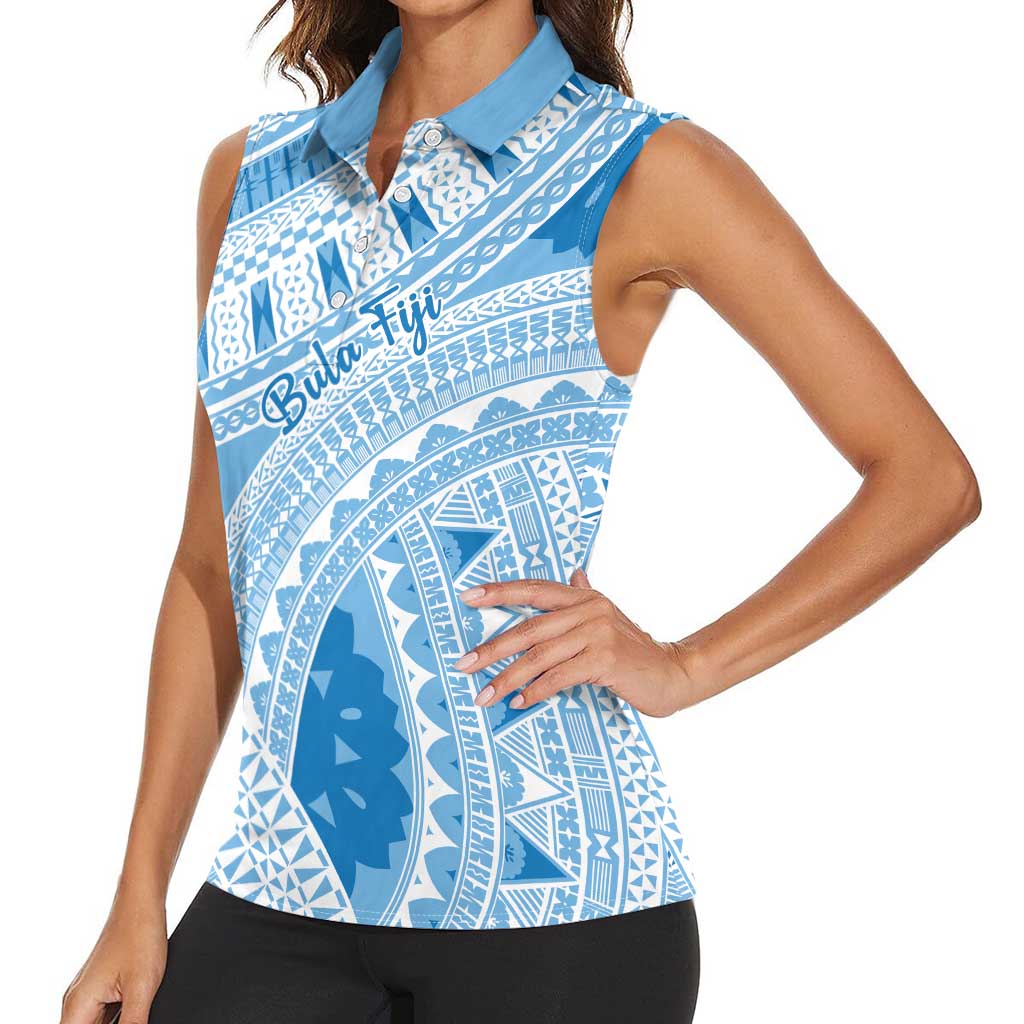 Bula Fiji Classic Masi Tapa Women Sleeveless Polo Shirt Turquoise - Polynesian Pride