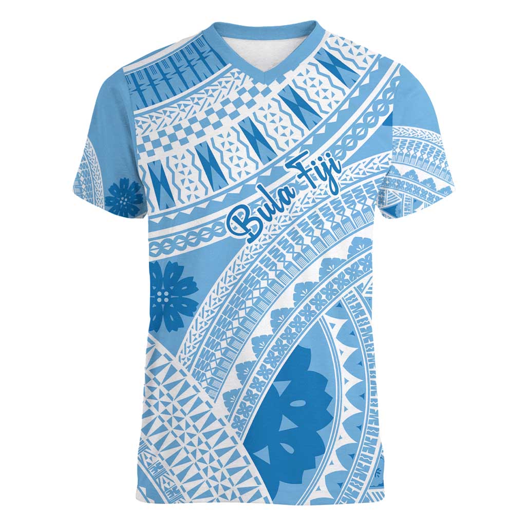 Bula Fiji Classic Masi Tapa Women V-Neck T-Shirt Turquoise - Polynesian Pride