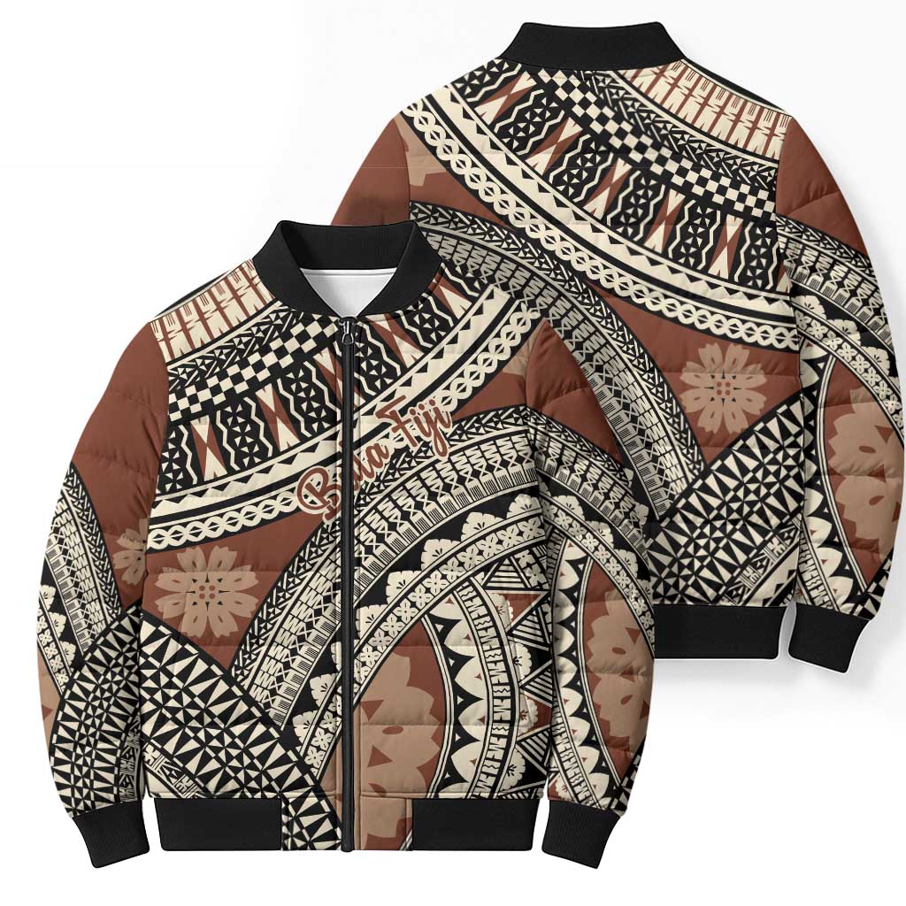 Bula Fiji Classic Masi Tapa Bomber Puffer Jacket Vintage Brown - Polynesian Pride