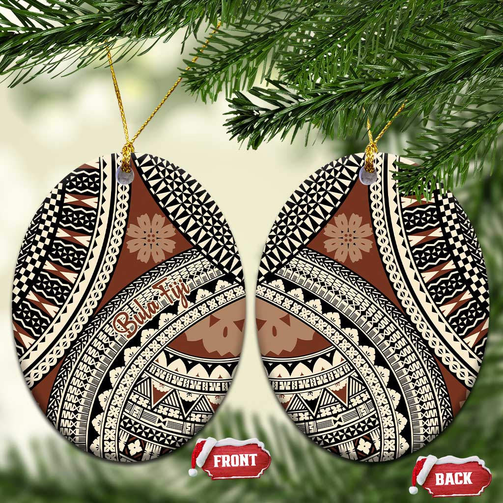 Bula Fiji Classic Masi Tapa Ceramic Ornament Vintage Brown LT7 Oval Brown - Polynesian Pride