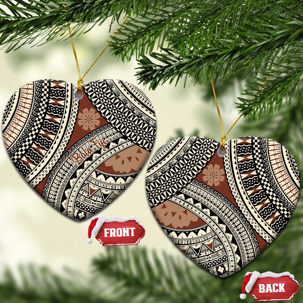 Bula Fiji Classic Masi Tapa Ceramic Ornament Vintage Brown LT7 Heart Brown - Polynesian Pride