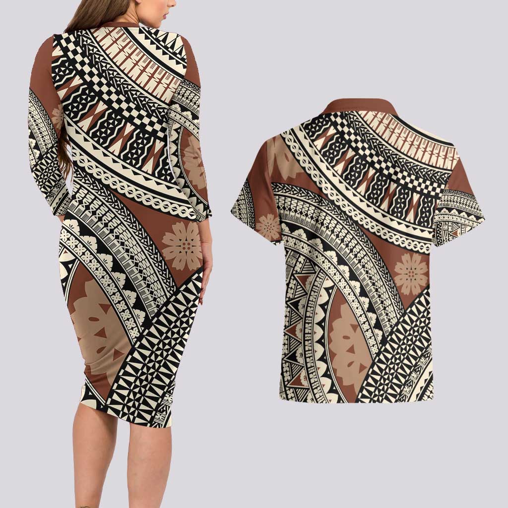 Bula Fiji Classic Masi Tapa Couples Matching Long Sleeve Bodycon Dress and Hawaiian Shirt Vintage Brown - Polynesian Pride