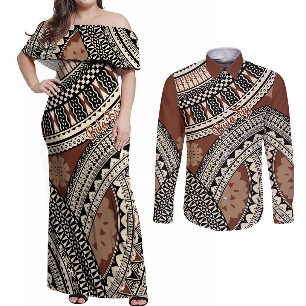 Bula Fiji Classic Masi Tapa Couples Matching Off Shoulder Maxi Dress and Long Sleeve Button Shirt Vintage Brown - Polynesian Pride