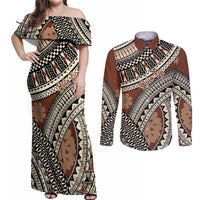 Bula Fiji Classic Masi Tapa Couples Matching Off Shoulder Maxi Dress and Long Sleeve Button Shirt Vintage Brown - Polynesian Pride