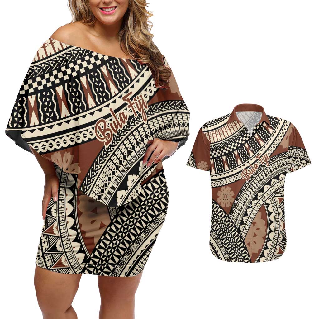 Bula Fiji Classic Masi Tapa Couples Matching Off Shoulder Short Dress and Hawaiian Shirt Vintage Brown - Polynesian Pride