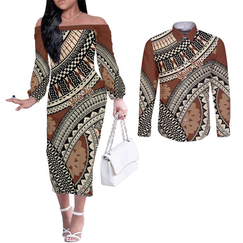 Bula Fiji Classic Masi Tapa Couples Matching Off The Shoulder Long Sleeve Dress and Long Sleeve Button Shirt Vintage Brown - Polynesian Pride