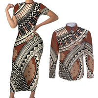 Bula Fiji Classic Masi Tapa Couples Matching Short Sleeve Bodycon Dress and Long Sleeve Button Shirt Vintage Brown - Polynesian Pride