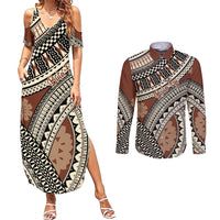 Bula Fiji Classic Masi Tapa Couples Matching Summer Maxi Dress and Long Sleeve Button Shirt Vintage Brown - Polynesian Pride