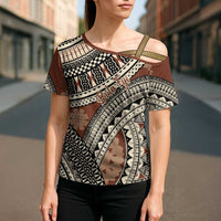 Bula Fiji Classic Masi Tapa Cross Shoulder Shirt Vintage Brown - Polynesian Pride