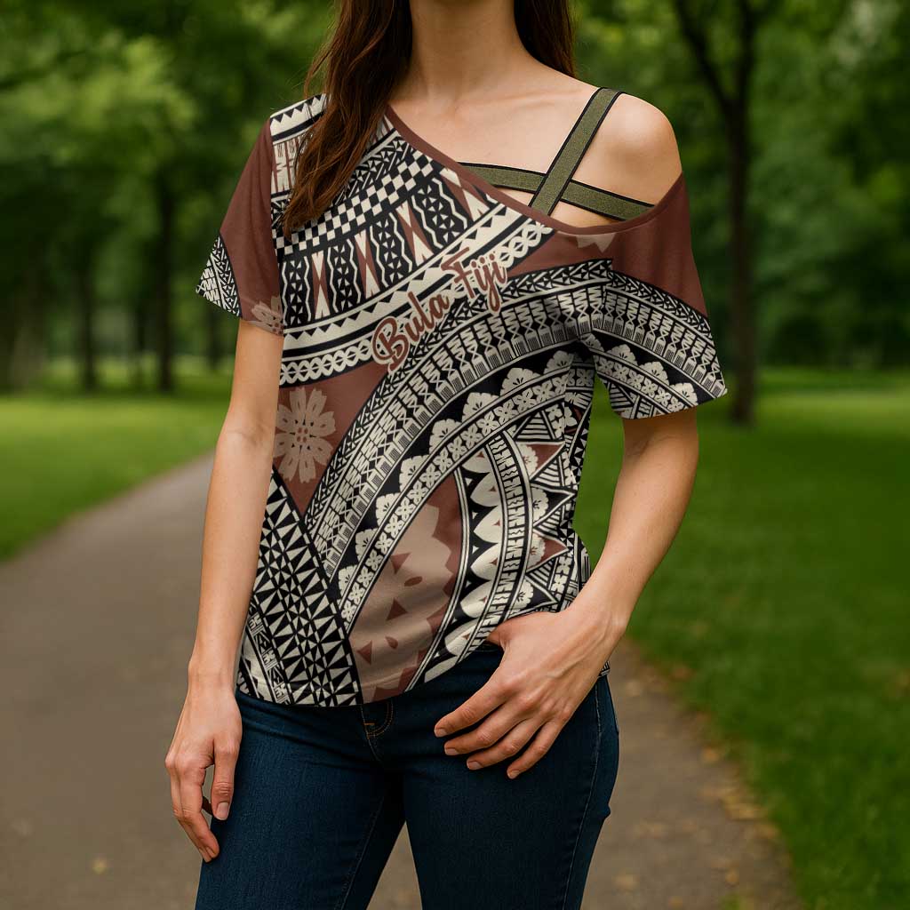 Bula Fiji Classic Masi Tapa Cross Shoulder Shirt Vintage Brown - Polynesian Pride