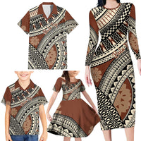 Bula Fiji Classic Masi Tapa Family Matching Long Sleeve Bodycon Dress and Hawaiian Shirt Vintage Brown - Polynesian Pride