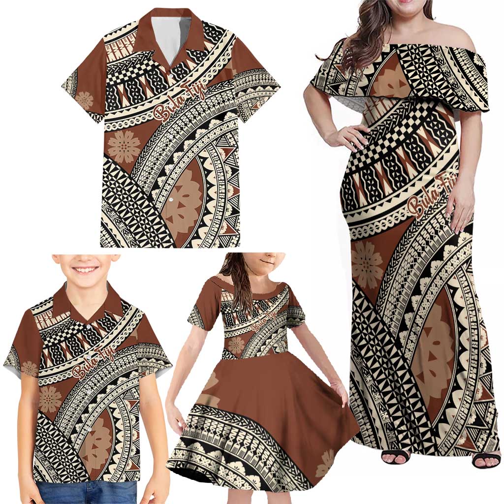 Bula Fiji Classic Masi Tapa Family Matching Off Shoulder Maxi Dress and Hawaiian Shirt Vintage Brown - Polynesian Pride