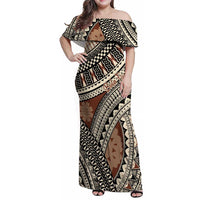 Bula Fiji Classic Masi Tapa Family Matching Off Shoulder Maxi Dress and Hawaiian Shirt Vintage Brown - Polynesian Pride