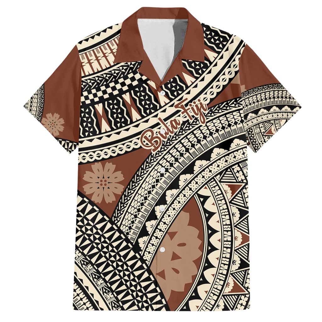 Bula Fiji Classic Masi Tapa Family Matching Off Shoulder Short Dress and Hawaiian Shirt Vintage Brown - Polynesian Pride
