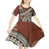 Bula Fiji Classic Masi Tapa Kid Short Sleeve Dress Vintage Brown - Polynesian Pride