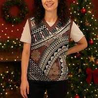 Bula Fiji Classic Masi Tapa Christmas Knitted V-Neck Vest Vintage Brown - Polynesian Pride
