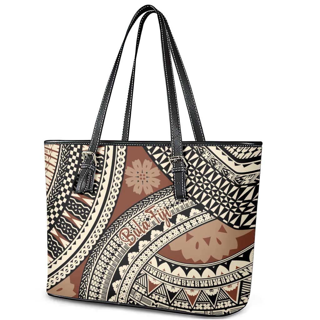 Bula Fiji Classic Masi Tapa Leather Tote Bag Vintage Brown - Polynesian Pride