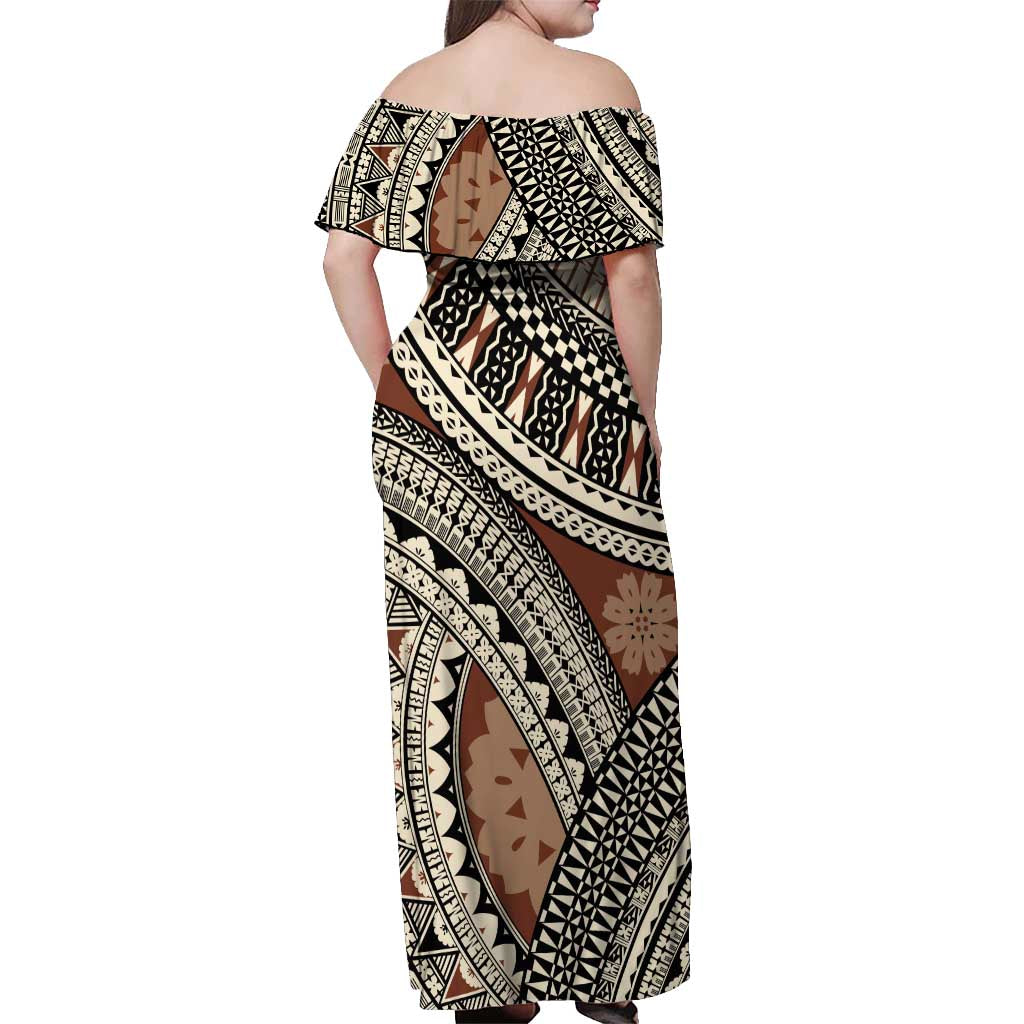 Bula Fiji Classic Masi Tapa Off Shoulder Maxi Dress Vintage Brown - Polynesian Pride