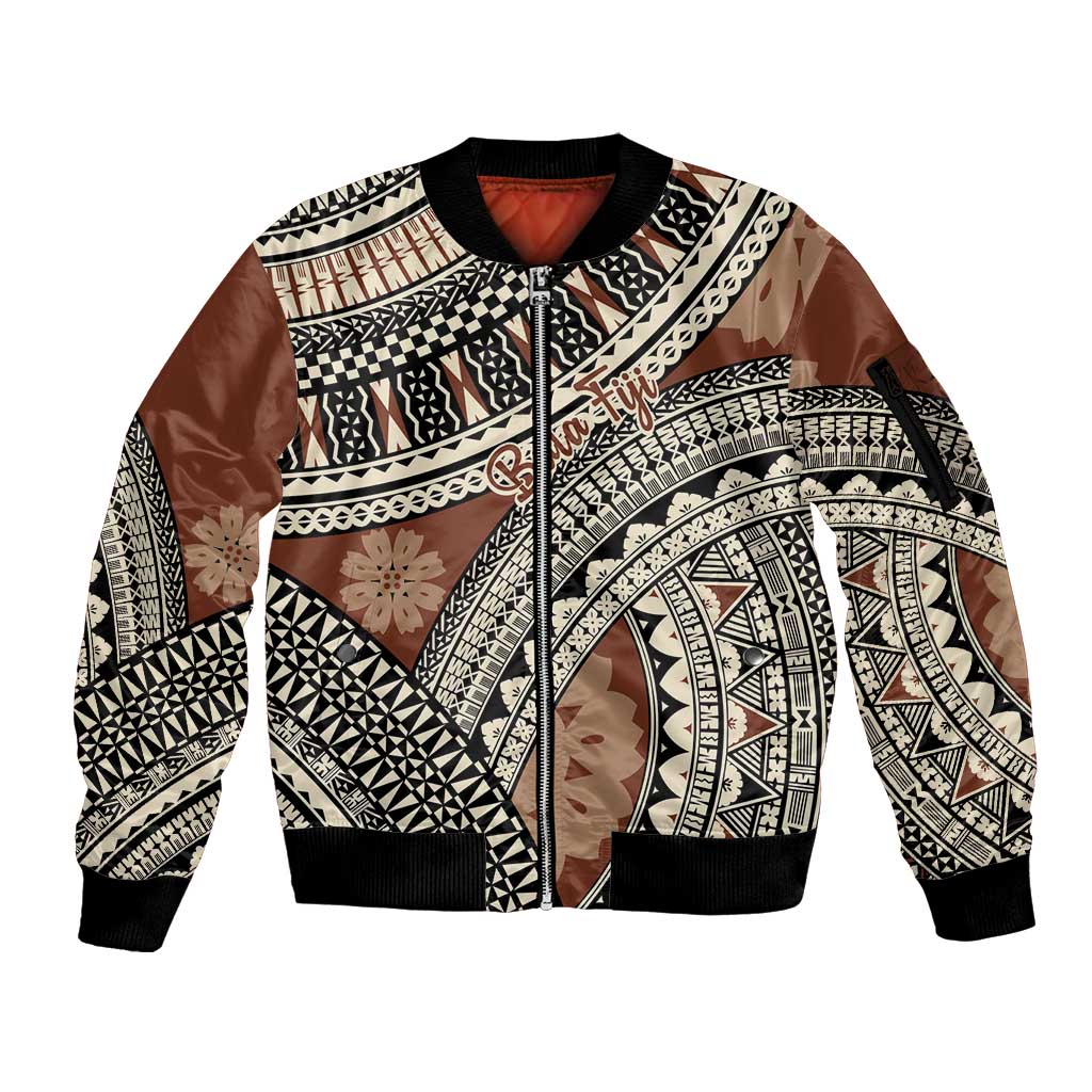 Bula Fiji Classic Masi Tapa Sleeve Zip Bomber Jacket Vintage Brown LT7 Unisex Brown - Polynesian Pride