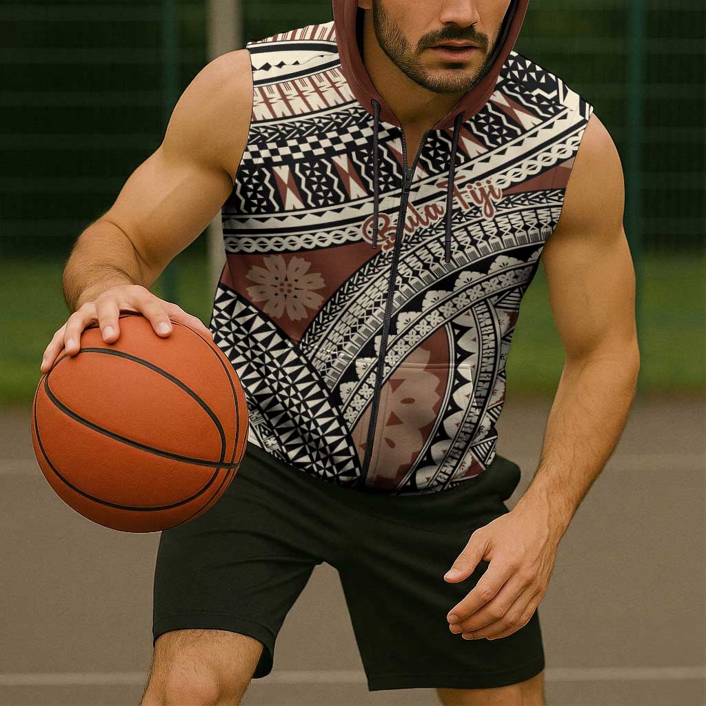 Bula Fiji Classic Masi Tapa Sleeveless Zip Hoodie Vintage Brown - Polynesian Pride