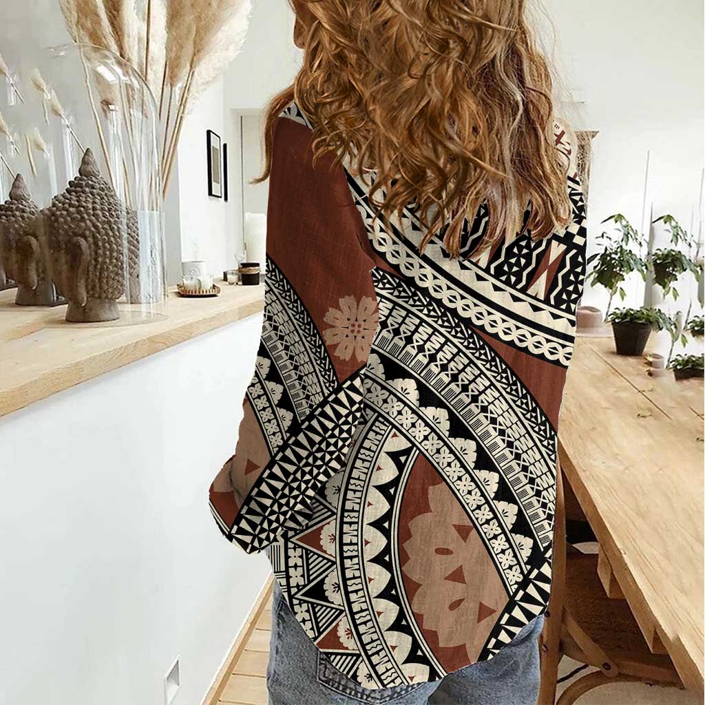 Bula Fiji Classic Masi Tapa Women Casual Shirt Vintage Brown - Polynesian Pride