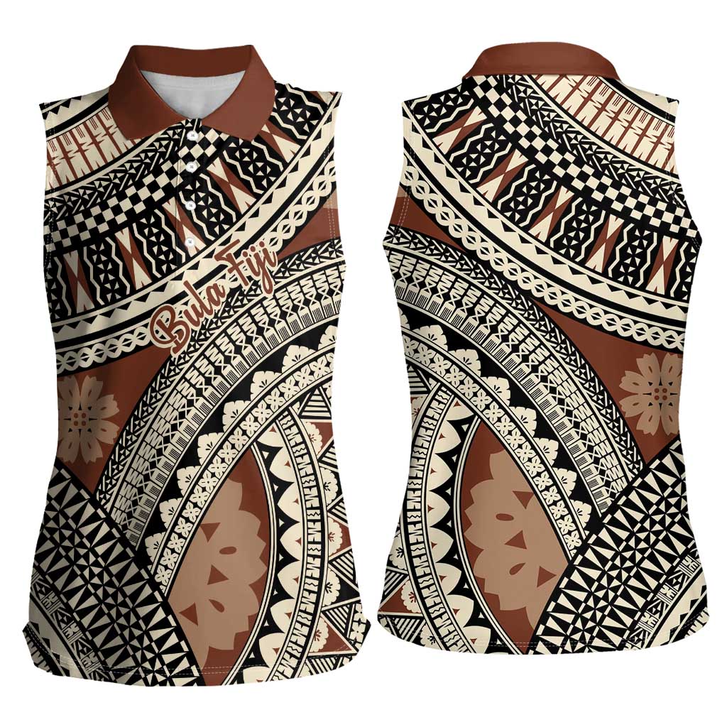 Bula Fiji Classic Masi Tapa Women Sleeveless Polo Shirt Vintage Brown - Polynesian Pride