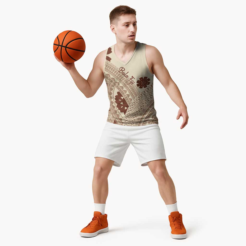 Bula Fiji Classic Masi Tapa Basketball Jersey Vintage Beige - Polynesian Pride