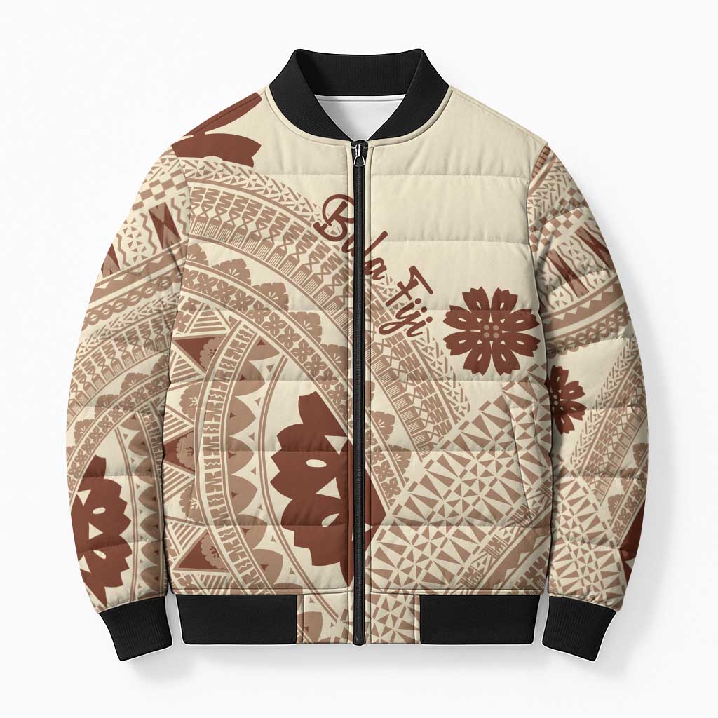 Bula Fiji Classic Masi Tapa Bomber Puffer Jacket Vintage Beige - Polynesian Pride