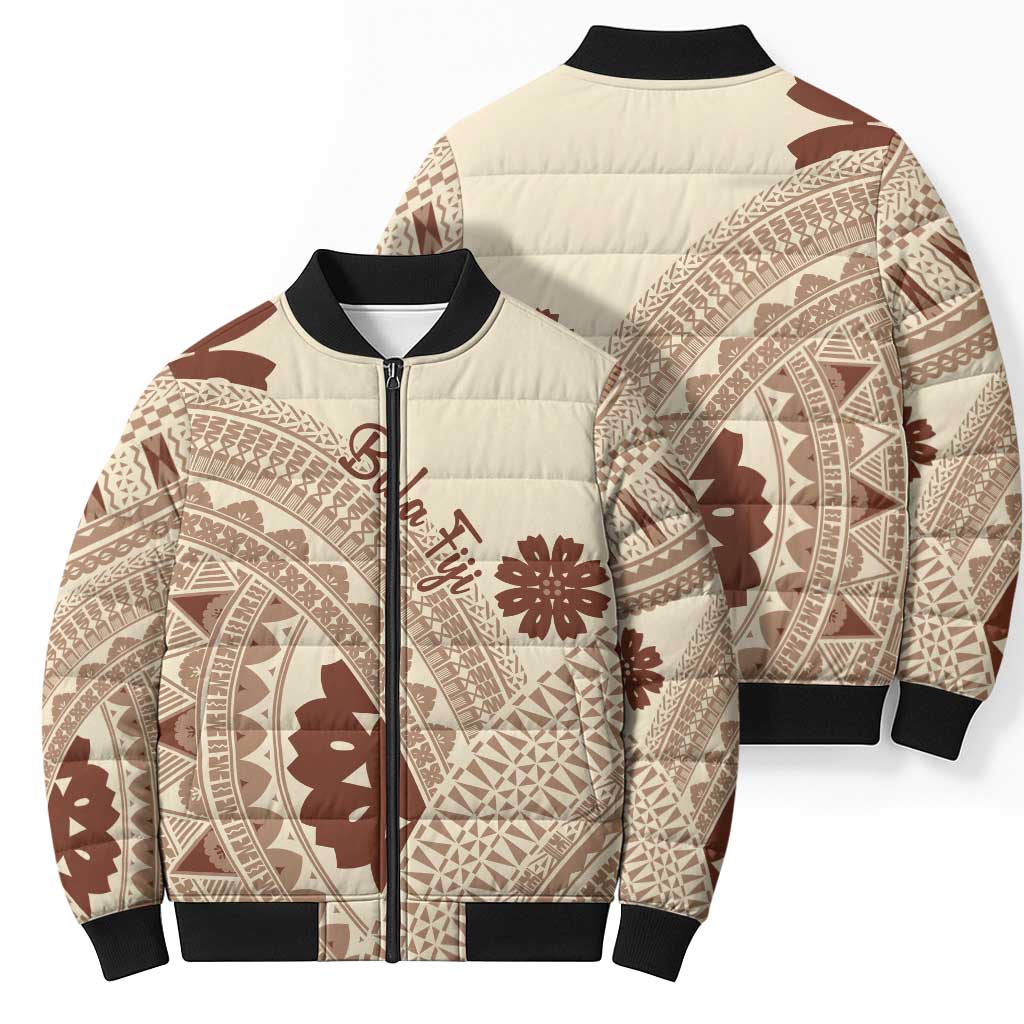 Bula Fiji Classic Masi Tapa Bomber Puffer Jacket Vintage Beige - Polynesian Pride