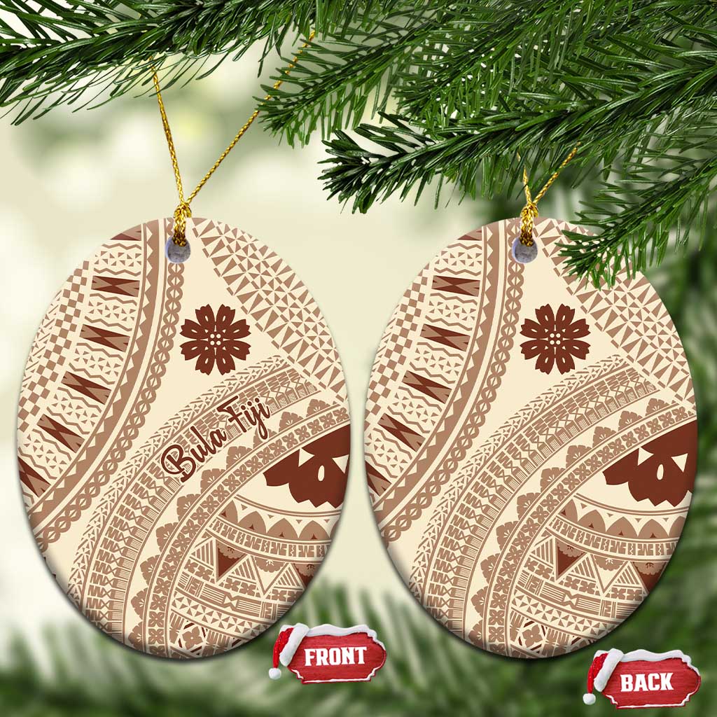 Bula Fiji Classic Masi Tapa Ceramic Ornament Vintage Beige LT7 Oval Beige - Polynesian Pride