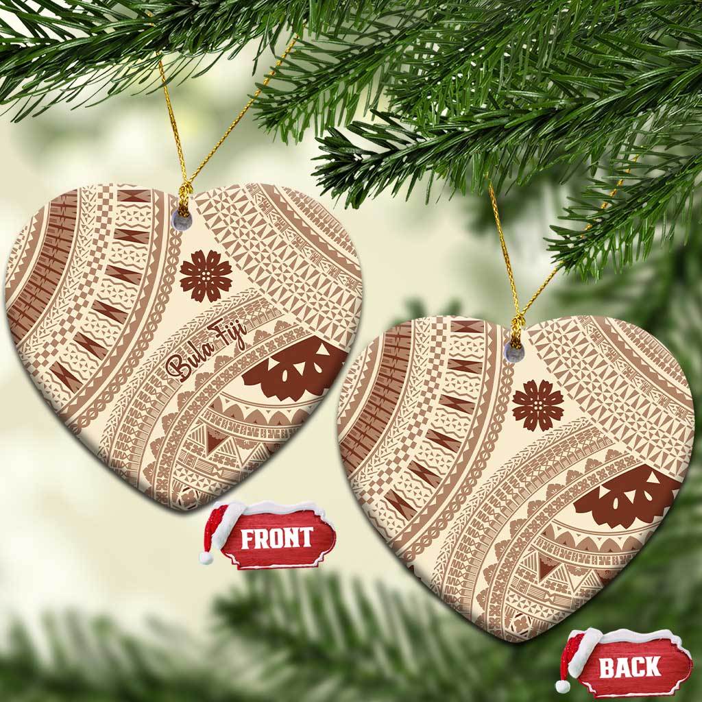 Bula Fiji Classic Masi Tapa Ceramic Ornament Vintage Beige LT7 Heart Beige - Polynesian Pride