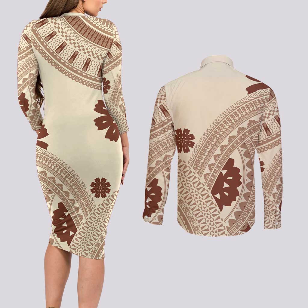 Bula Fiji Classic Masi Tapa Couples Matching Long Sleeve Bodycon Dress and Long Sleeve Button Shirt Vintage Beige - Polynesian Pride