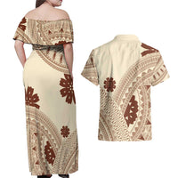 Bula Fiji Classic Masi Tapa Couples Matching Off Shoulder Maxi Dress and Hawaiian Shirt Vintage Beige - Polynesian Pride