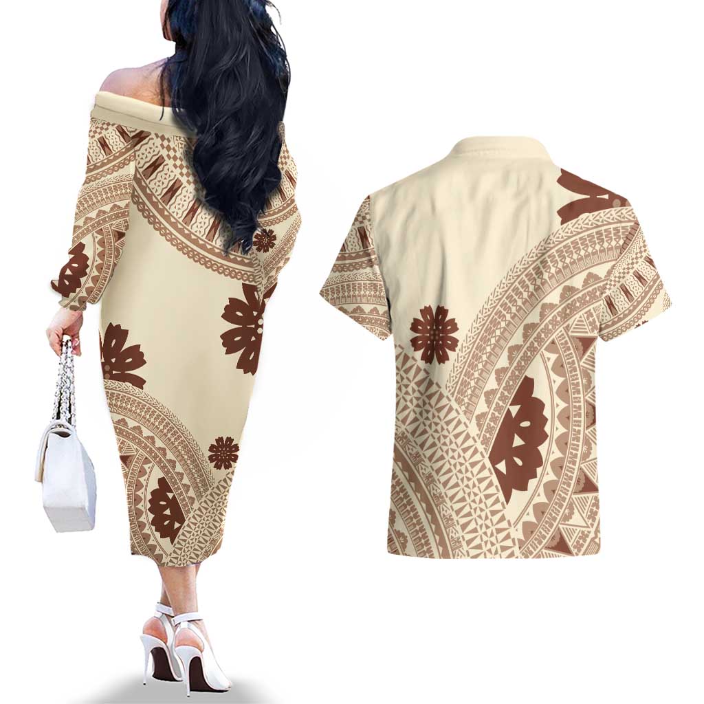 Bula Fiji Classic Masi Tapa Couples Matching Off The Shoulder Long Sleeve Dress and Hawaiian Shirt Vintage Beige - Polynesian Pride