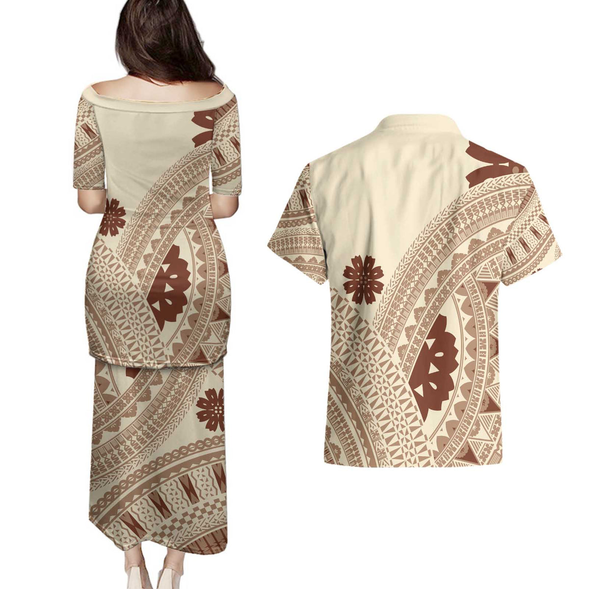 Bula Fiji Classic Masi Tapa Couples Matching Puletasi and Hawaiian Shirt Vintage Beige - Polynesian Pride